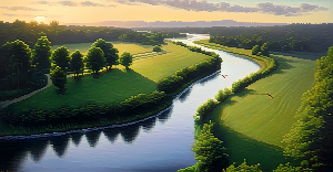 A winding river through a green landscape at sunset, symbolizing a career journey.