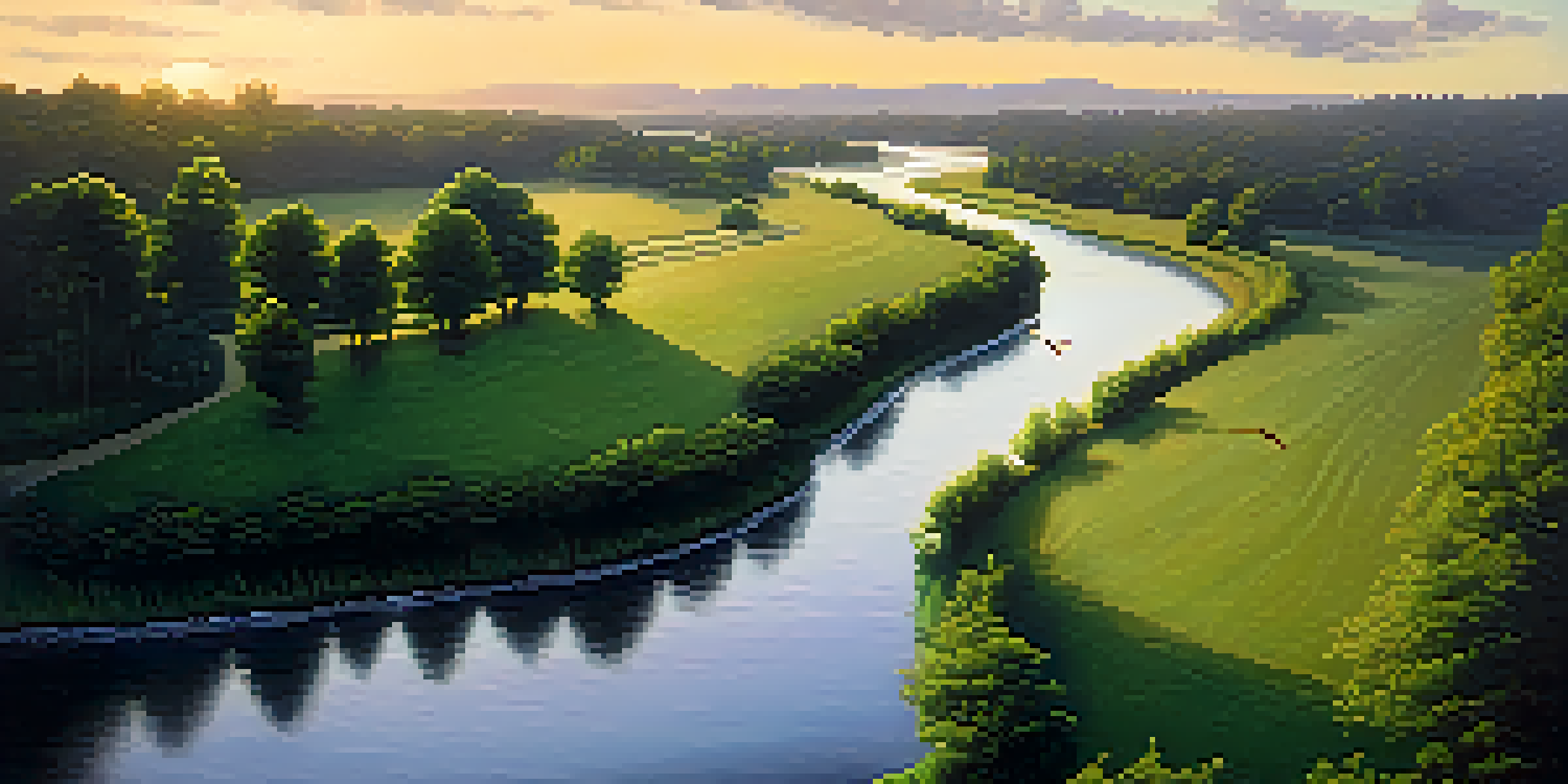 A winding river through a green landscape at sunset, symbolizing a career journey.