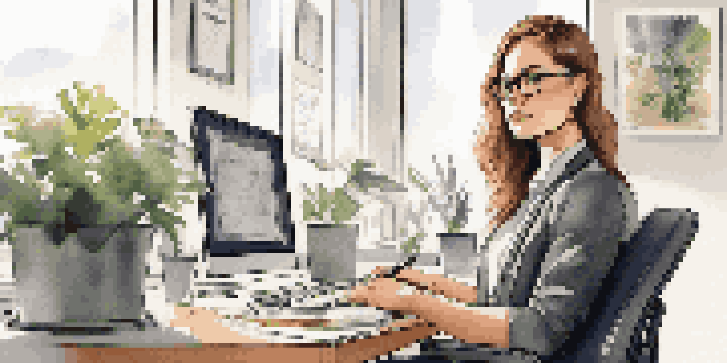 A young woman working at a desk in a bright, modern office, appearing focused and determined.