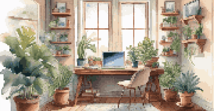 A warm and inviting home office with natural light, plants, and a laptop on the desk.