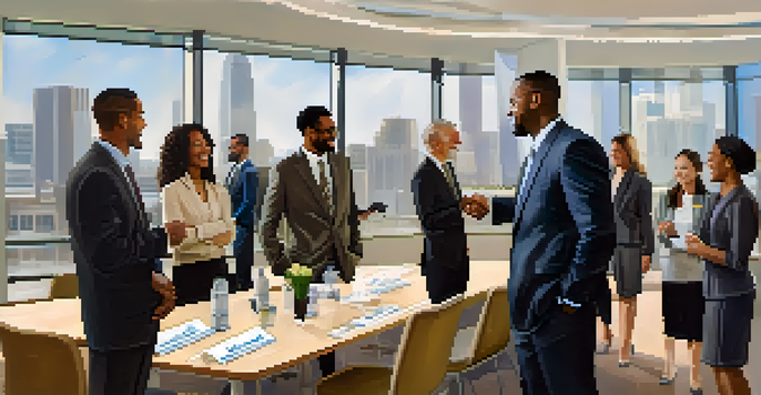 A diverse group of professionals networking in a modern conference room, smiling and shaking hands.