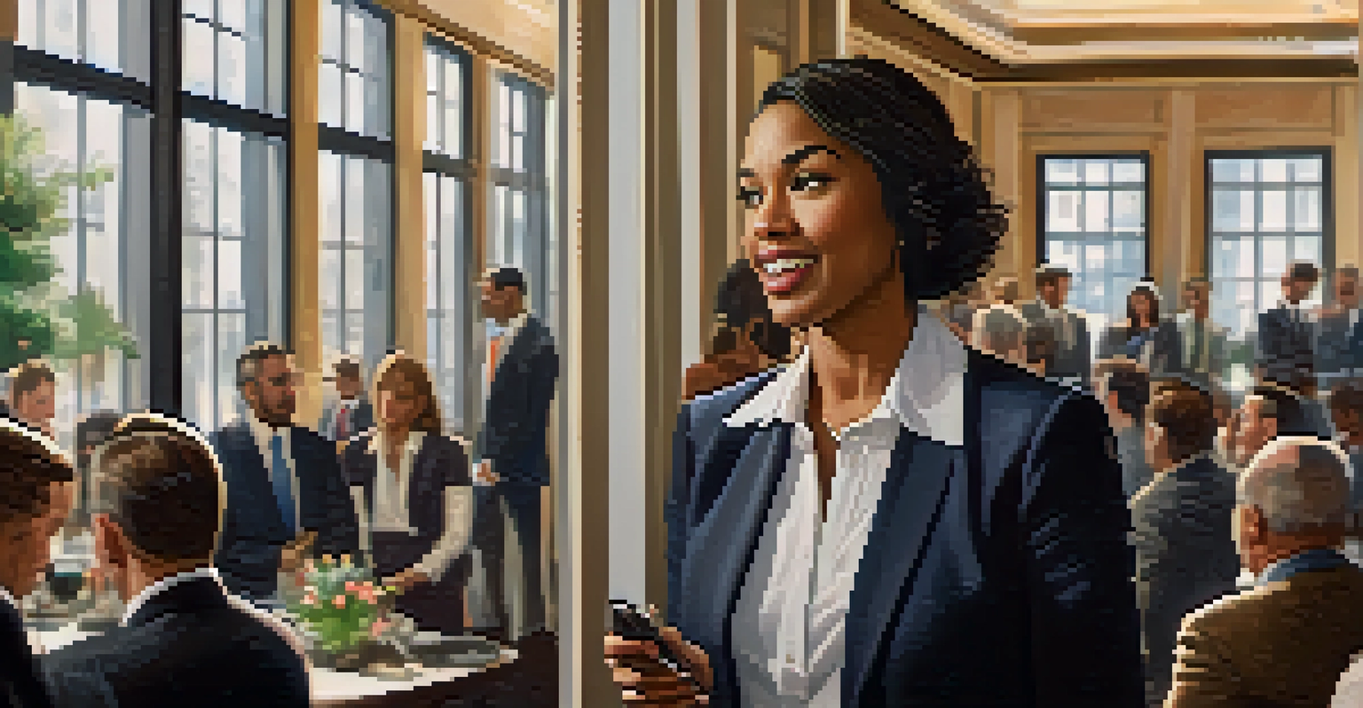 A woman delivering an elevator pitch at a networking event, with an interested audience in an elegant venue.