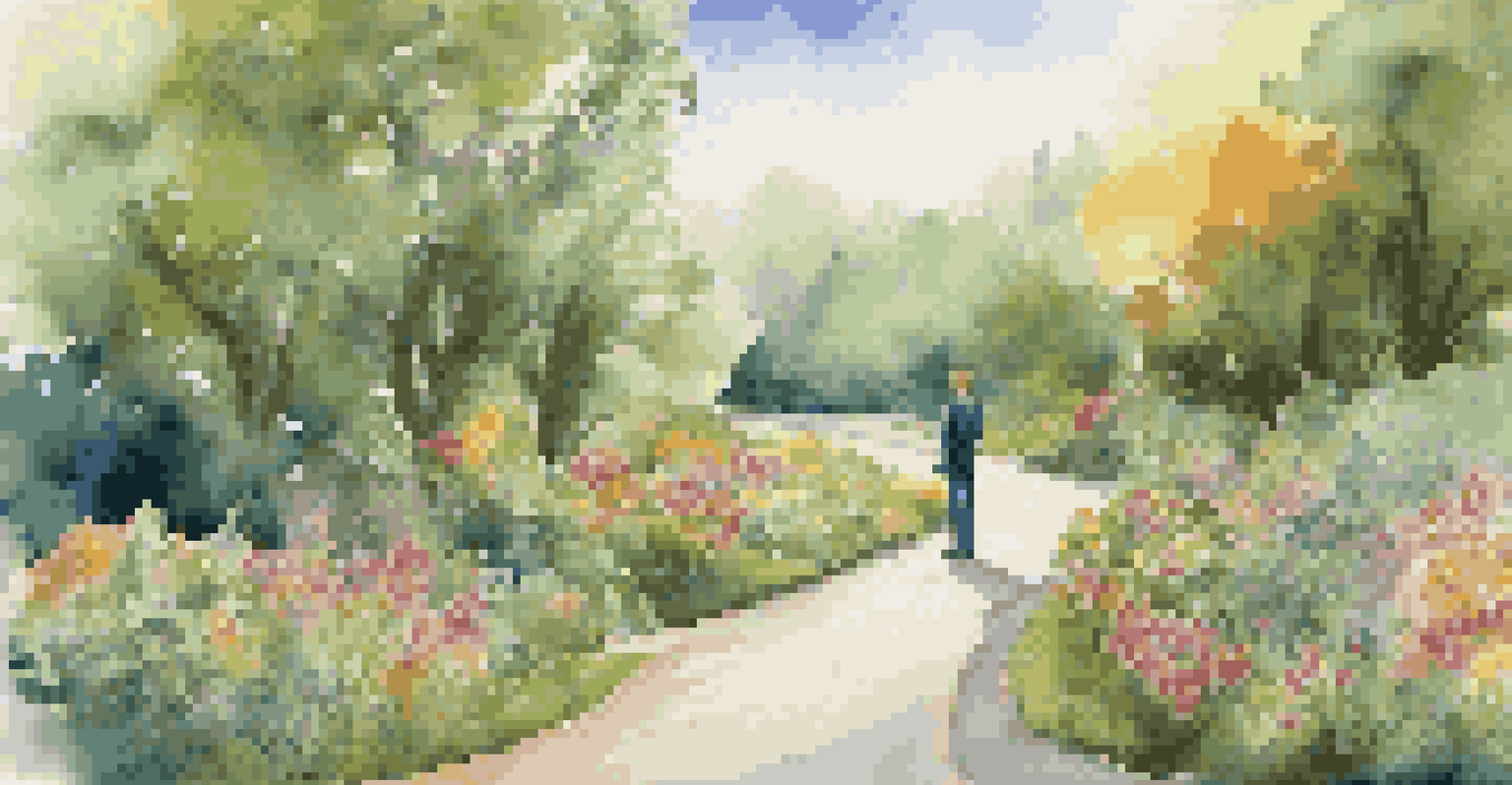 A person at a crossroads holding a map, surrounded by green trees and colorful flowers, symbolizing the journey of making career choices.