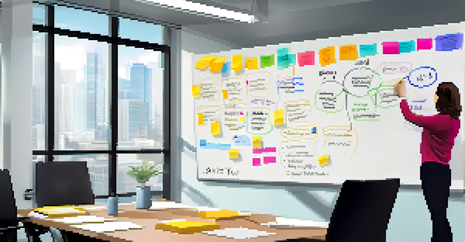 A hand writing clear goals on a whiteboard filled with colorful sticky notes.