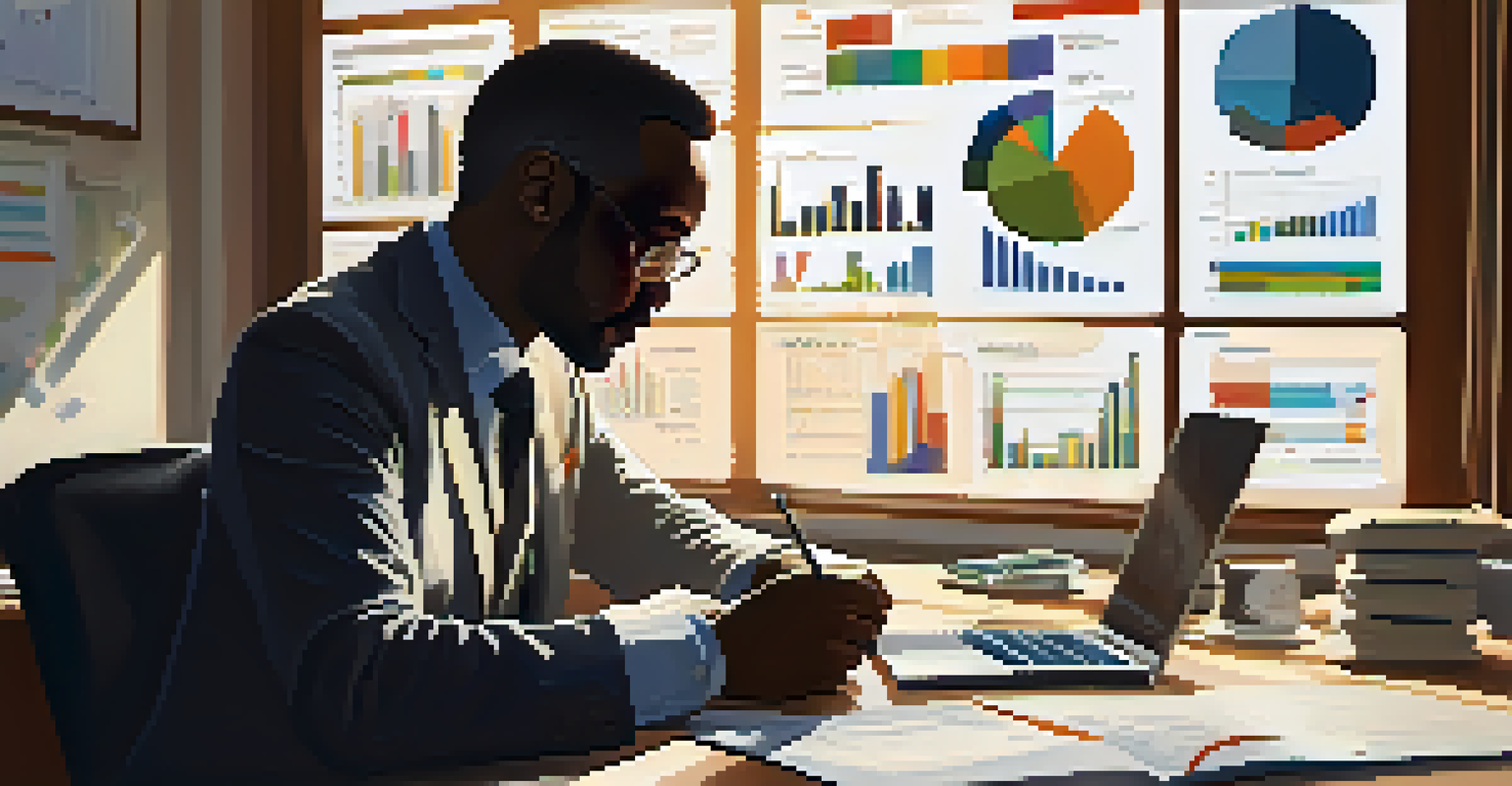 A leader at a desk, analyzing data on a laptop in a sunlit office, surrounded by charts and graphs, looking thoughtful and engaged.
