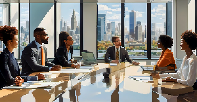 A group of diverse professionals collaborating in an office, representing various races and genders.