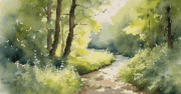 A scenic view of a forest path with sunlight shining through the trees and a stream in the background.