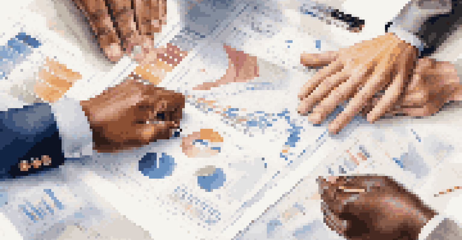 Close-up of diverse hands reaching towards a central document on a table, representing teamwork in a modern office.
