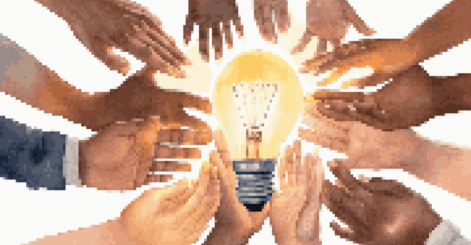 Hands of diverse individuals reaching towards a glowing light bulb, symbolizing creativity and collaboration.
