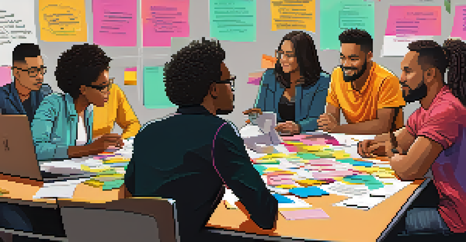 A diverse group of team members collaborating in a brainstorming session around a table filled with notes and laptops.