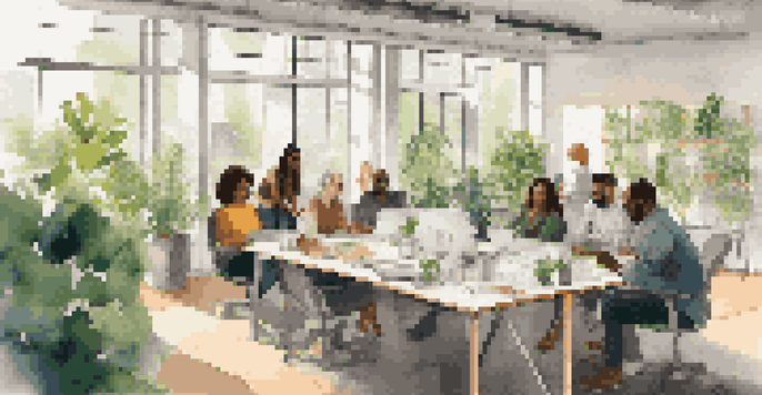 A diverse group of professionals collaborating in a modern office, emphasizing inclusivity and teamwork.