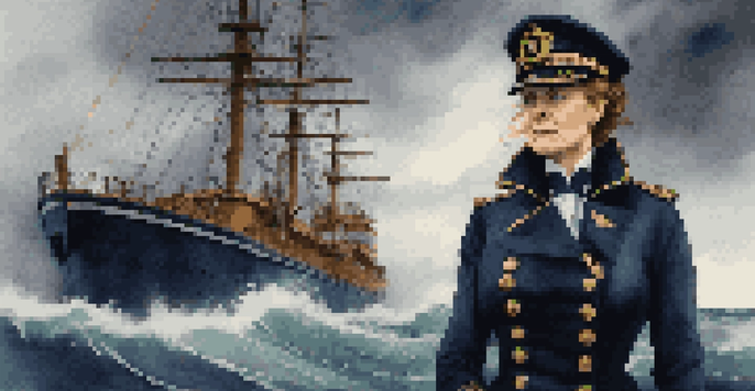 A ship captain navigating through a storm, showing determination and integrity amidst dark clouds and crashing waves.