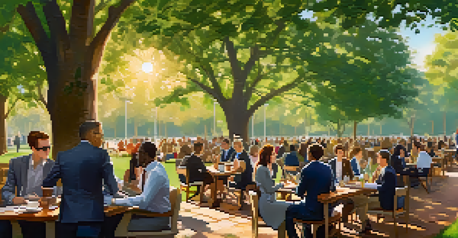 A lively outdoor networking meetup in a park with professionals chatting and enjoying refreshments.