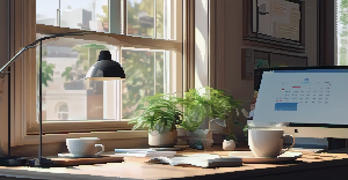 A cozy home office with a laptop, coffee cup, and a calendar showcasing various time zones, illuminated by soft natural light.