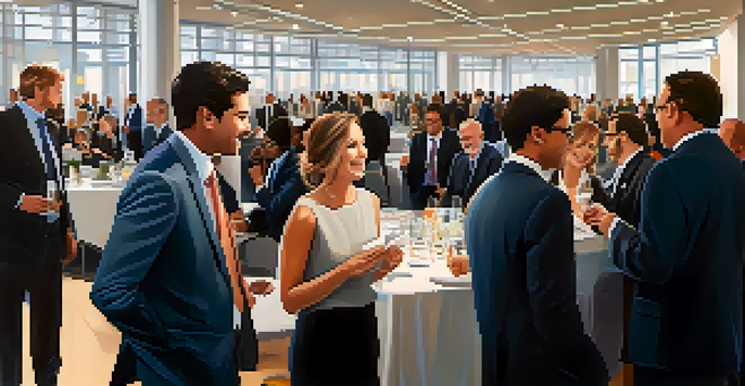 A busy networking event with professionals in business attire engaged in conversation and exchanging business cards in a well-lit conference hall.