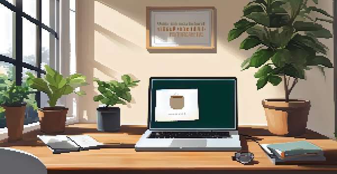 A warm and inviting home office with a laptop, plants, and coffee, illuminated by natural light.