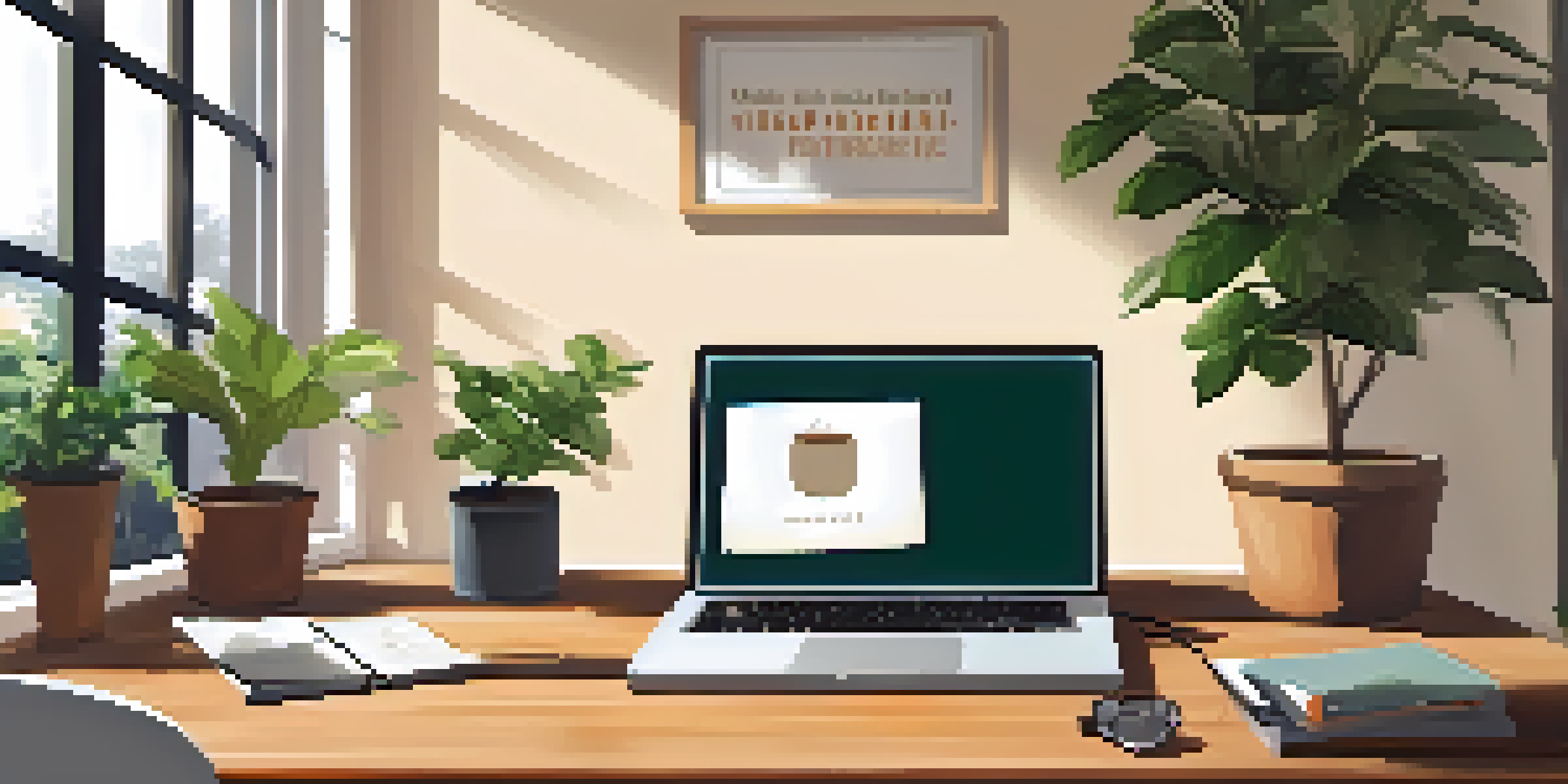 A warm and inviting home office with a laptop, plants, and coffee, illuminated by natural light.