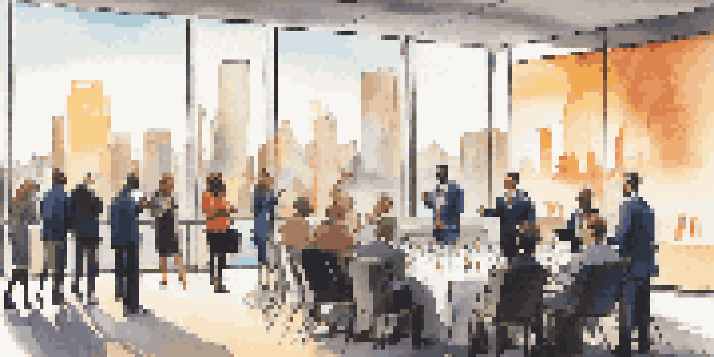 A networking event with professionals conversing and exchanging business cards in a well-lit room with a city view.