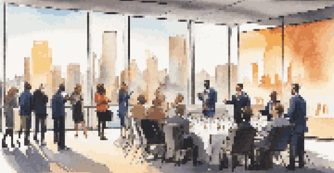 A networking event with professionals conversing and exchanging business cards in a well-lit room with a city view.