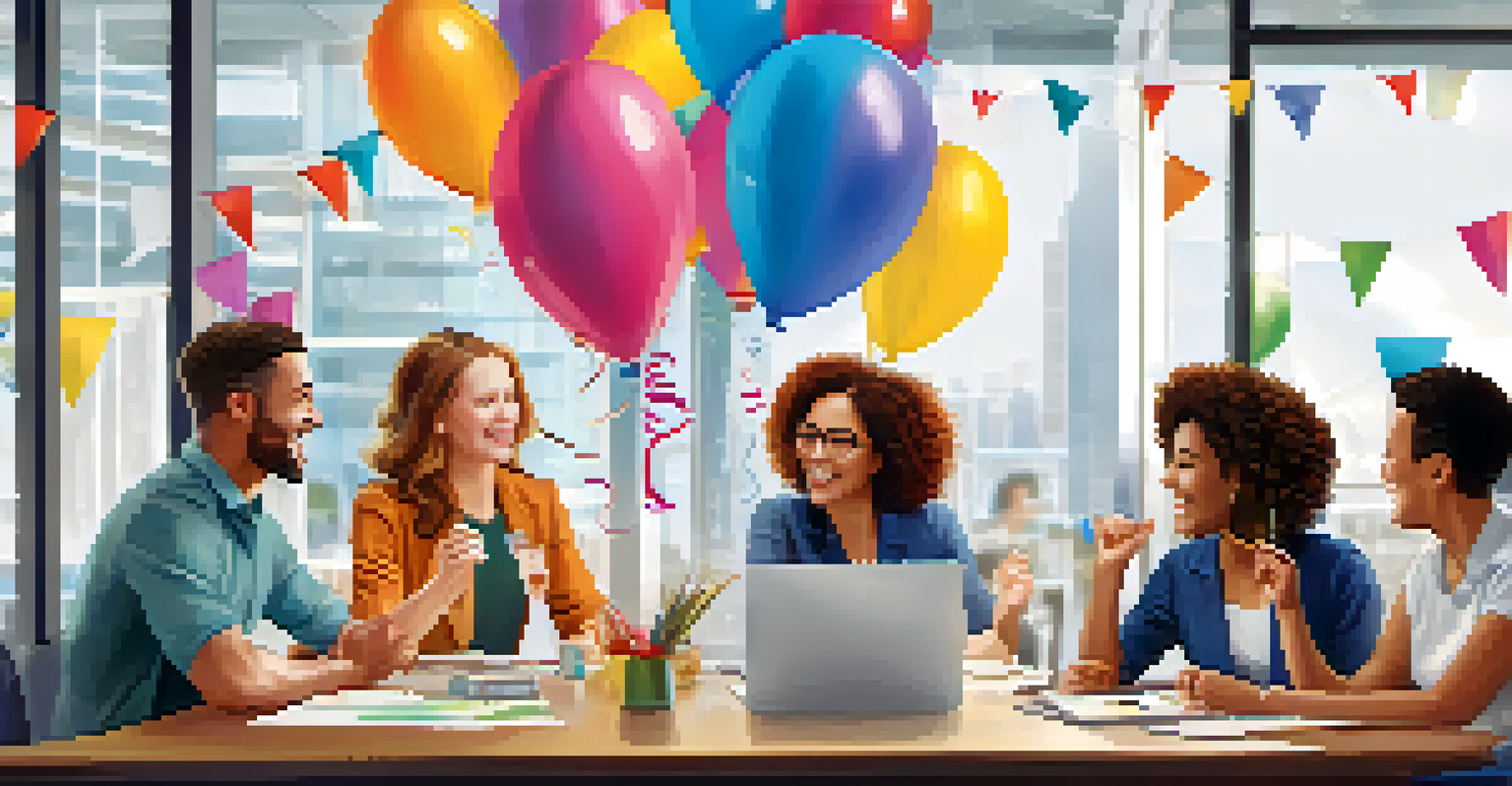 A team celebrating their project successes in a modern office, with decorations and a banner that says 'Celebrate Success'.