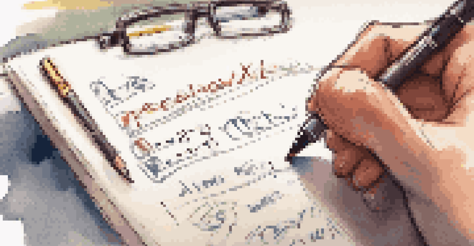 A close-up view of a hand writing feedback on a notepad, with a team meeting blurred in the background.