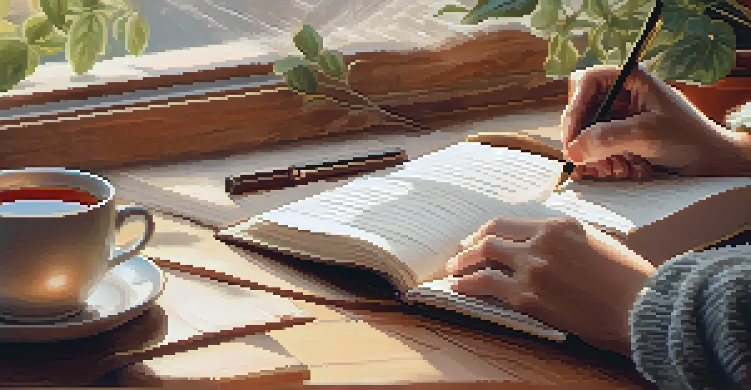 A close-up of hands writing in a journal next to a cup of tea, set in a cozy workspace.