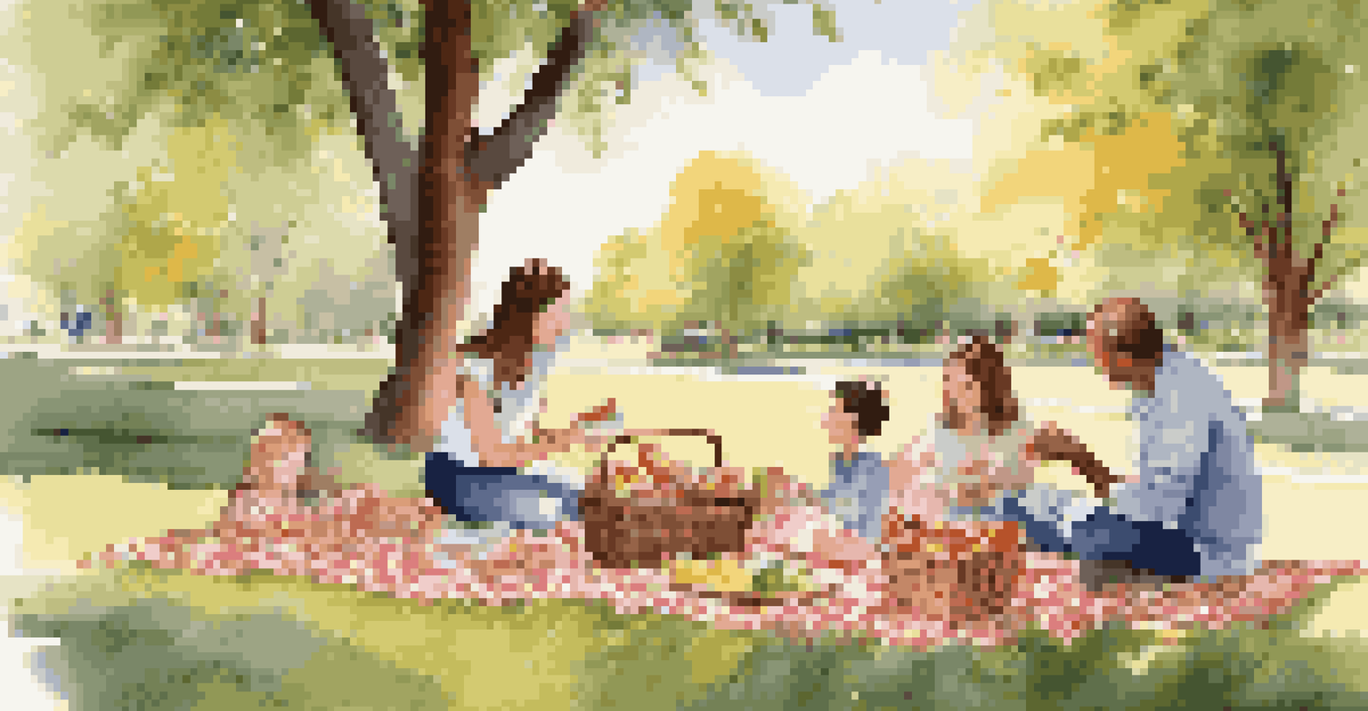 A family enjoying a picnic in a sunny park with a blanket and food basket.
