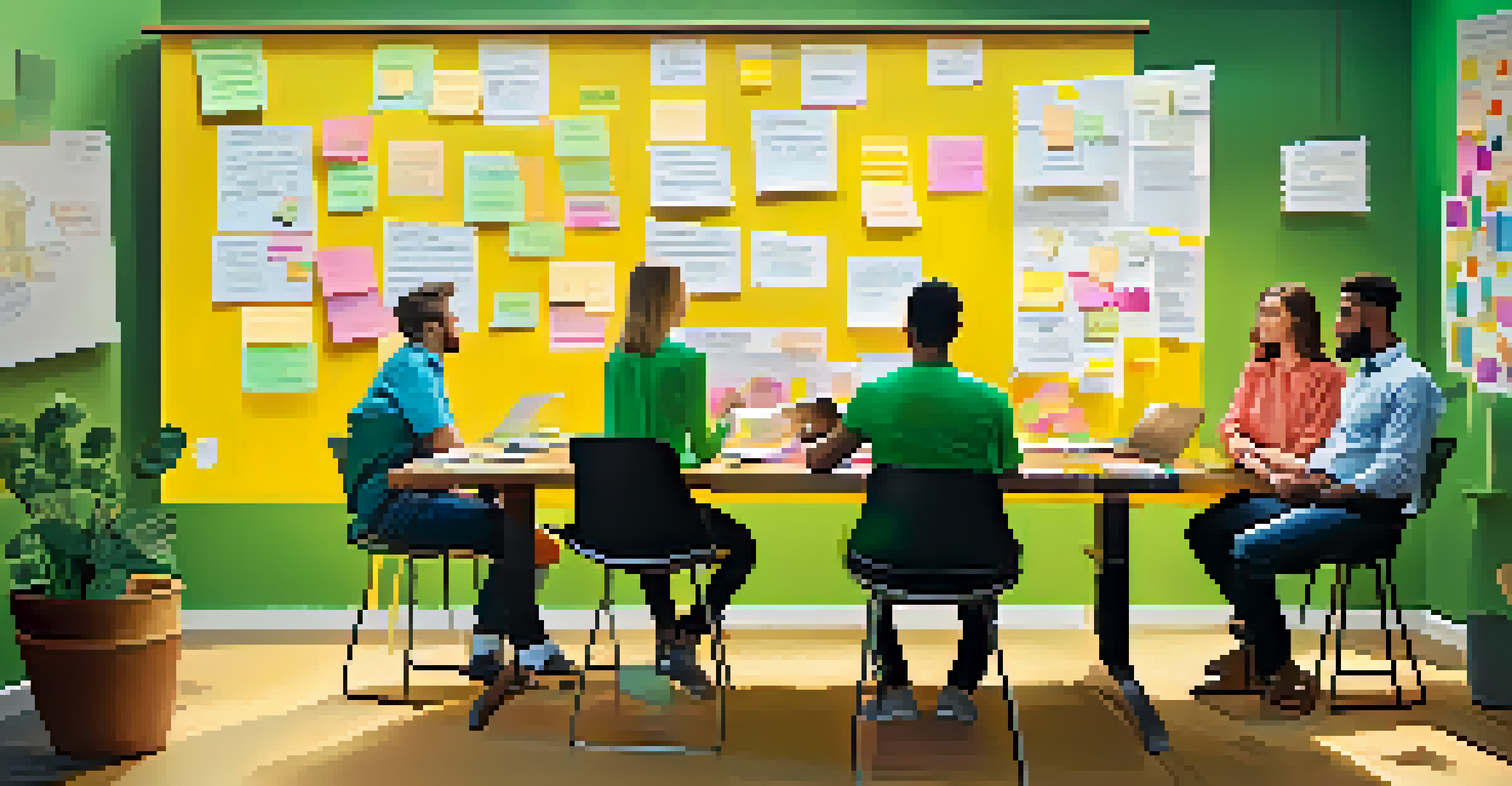 A diverse team brainstorming ideas around a table filled with sticky notes in a creative office environment.