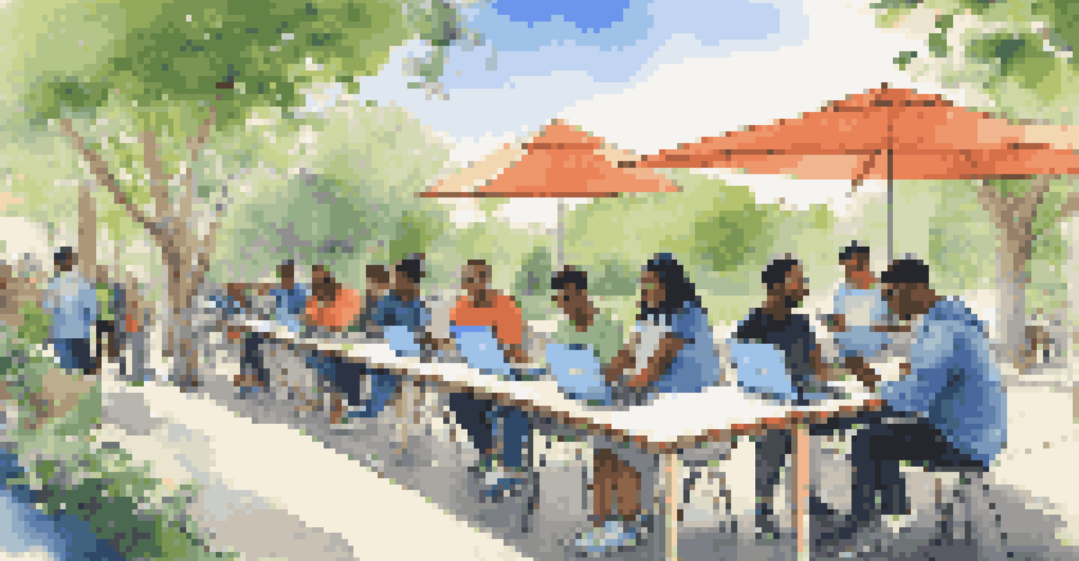 A diverse group of individuals attending a coding workshop outdoors, seated at portable tables with laptops, surrounded by greenery and a bright blue sky.