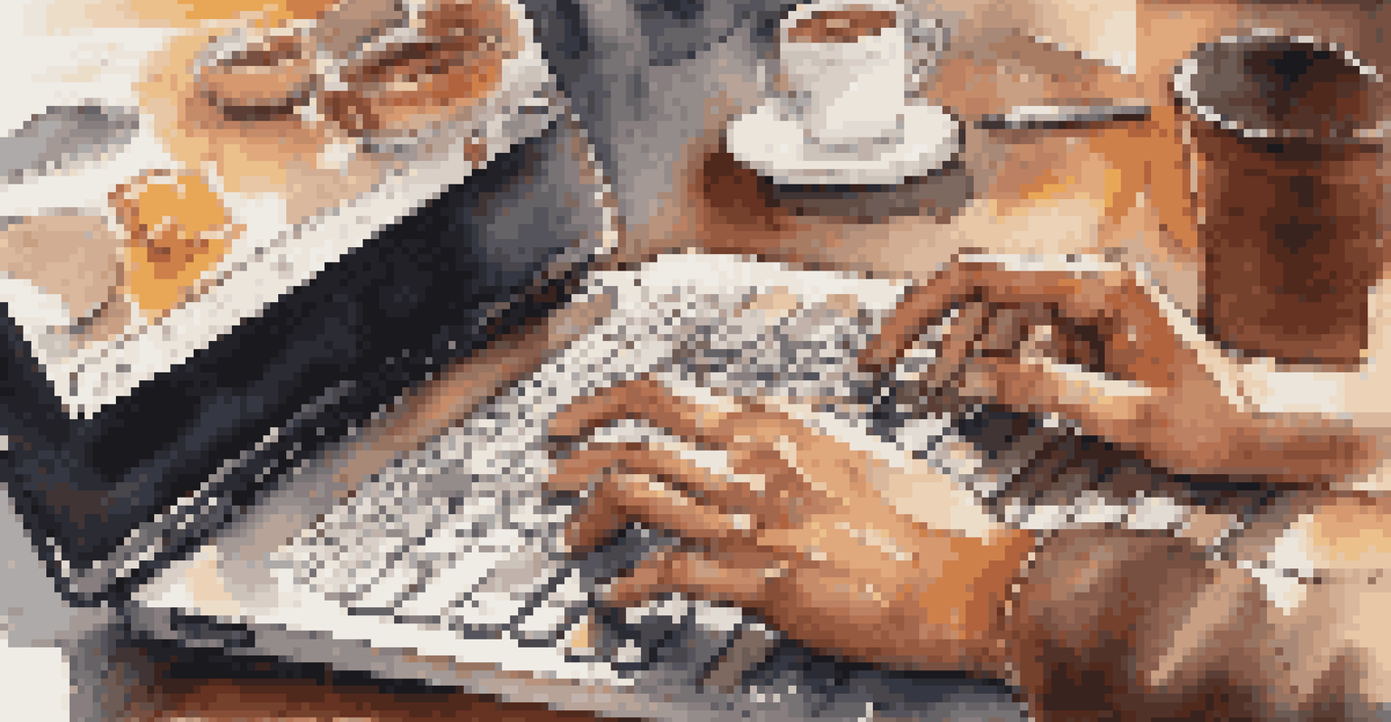 A close-up of hands typing on a laptop in a busy coffee shop, with a blurred background of people and warm lighting.