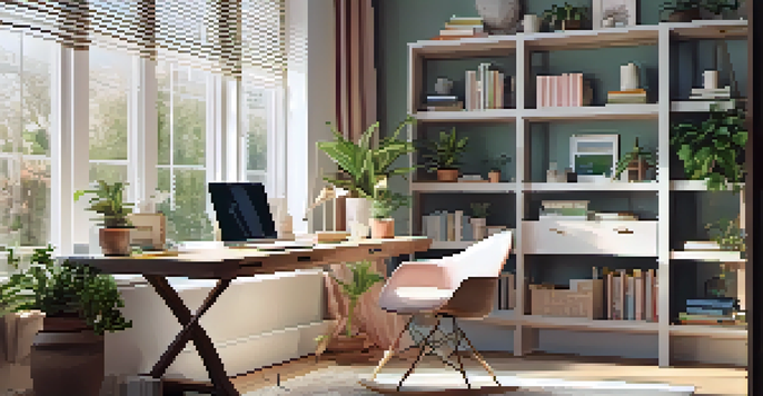 A cozy home office with a laptop on a modern desk, surrounded by plants and natural light coming through a window.