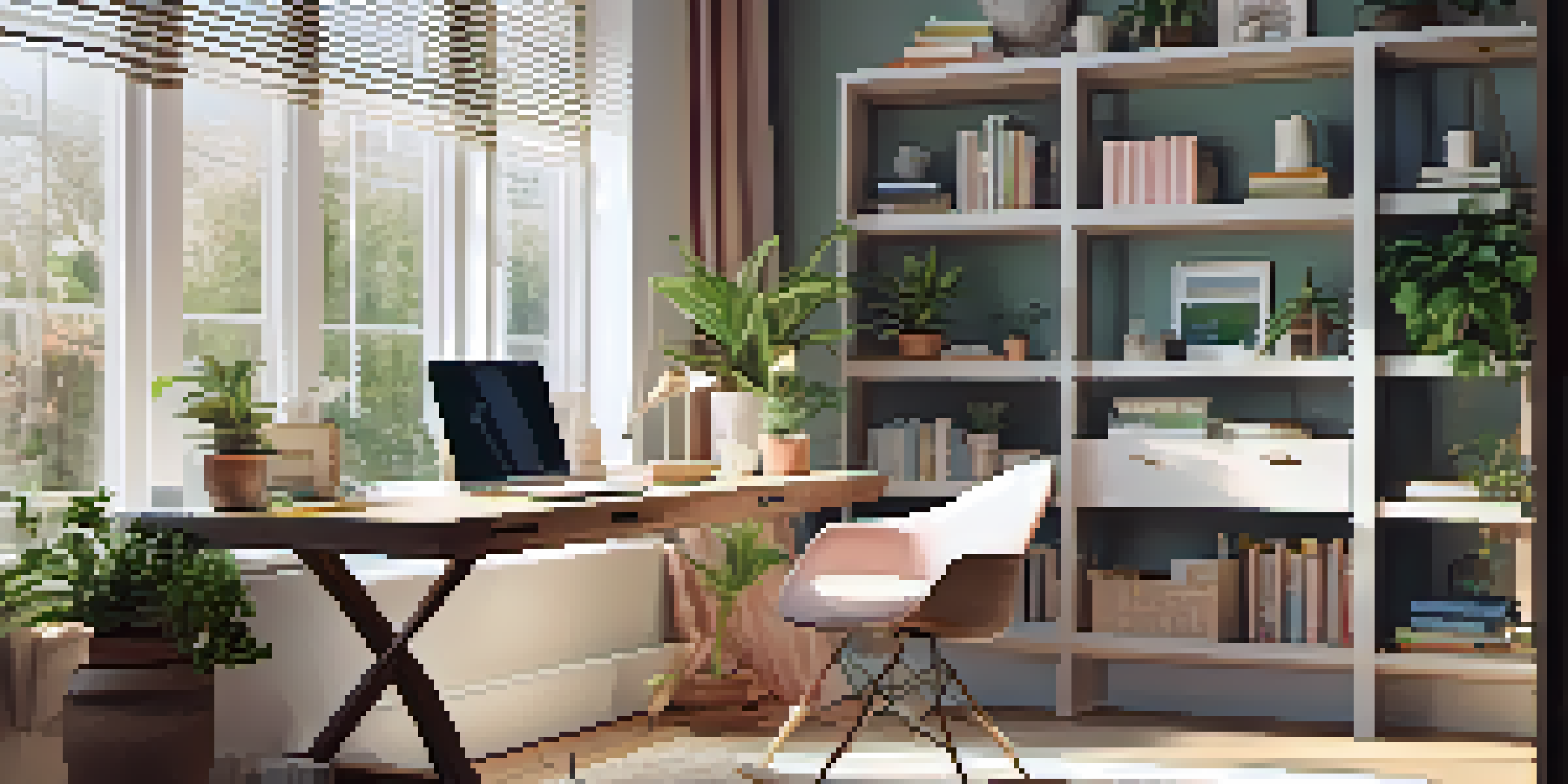 A cozy home office with a laptop on a modern desk, surrounded by plants and natural light coming through a window.