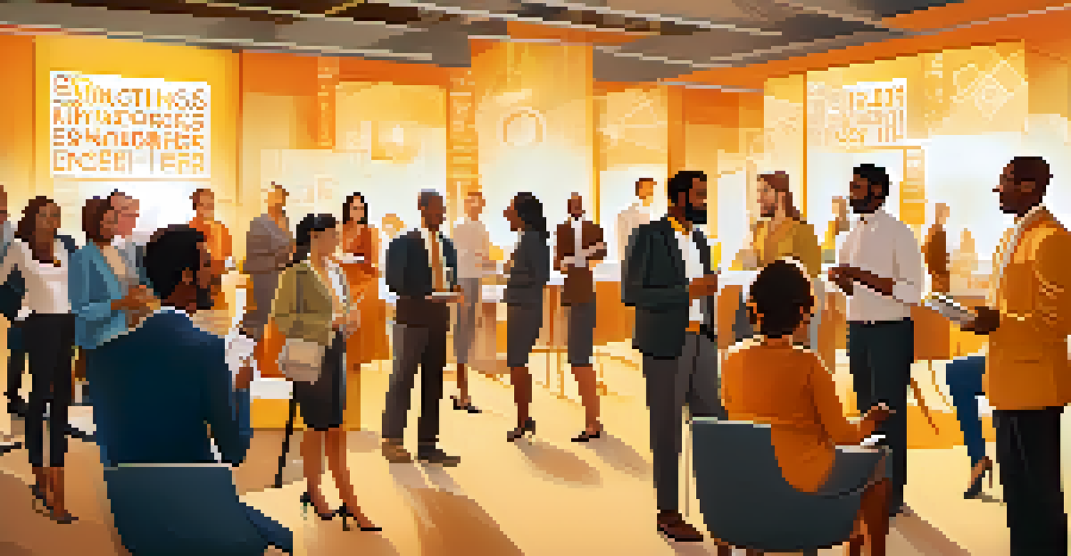 A diverse group of professionals networking at an event, with motivational banners and warm lighting.