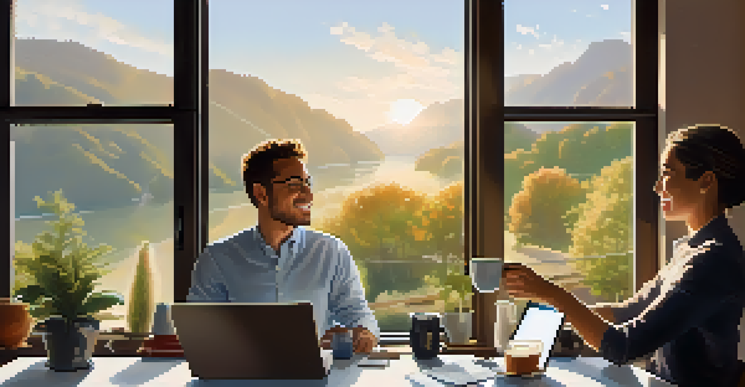 Two colleagues enjoying a virtual coffee break, one with a steaming cup of coffee, in a bright and inviting environment.