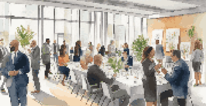 A diverse group of professionals networking in a modern conference hall, engaging in conversations and exchanging business cards under natural light.