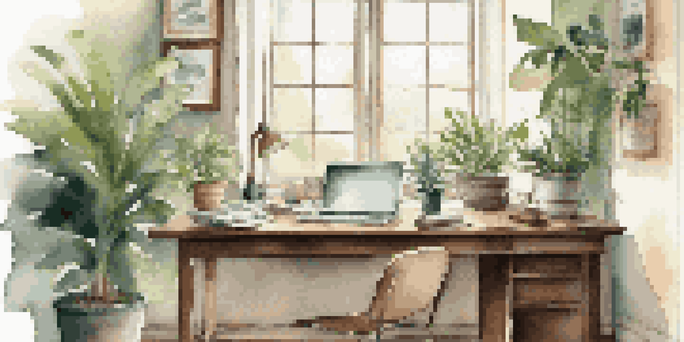 A cozy office workspace with a wooden desk, laptop, notepad, and a cup of coffee, illuminated by natural light from a window with plants.
