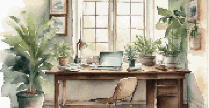 A cozy office workspace with a wooden desk, laptop, notepad, and a cup of coffee, illuminated by natural light from a window with plants.