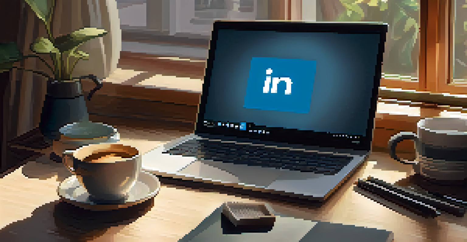 A laptop showing a LinkedIn profile, with a cup of coffee and notes in a cozy home office.