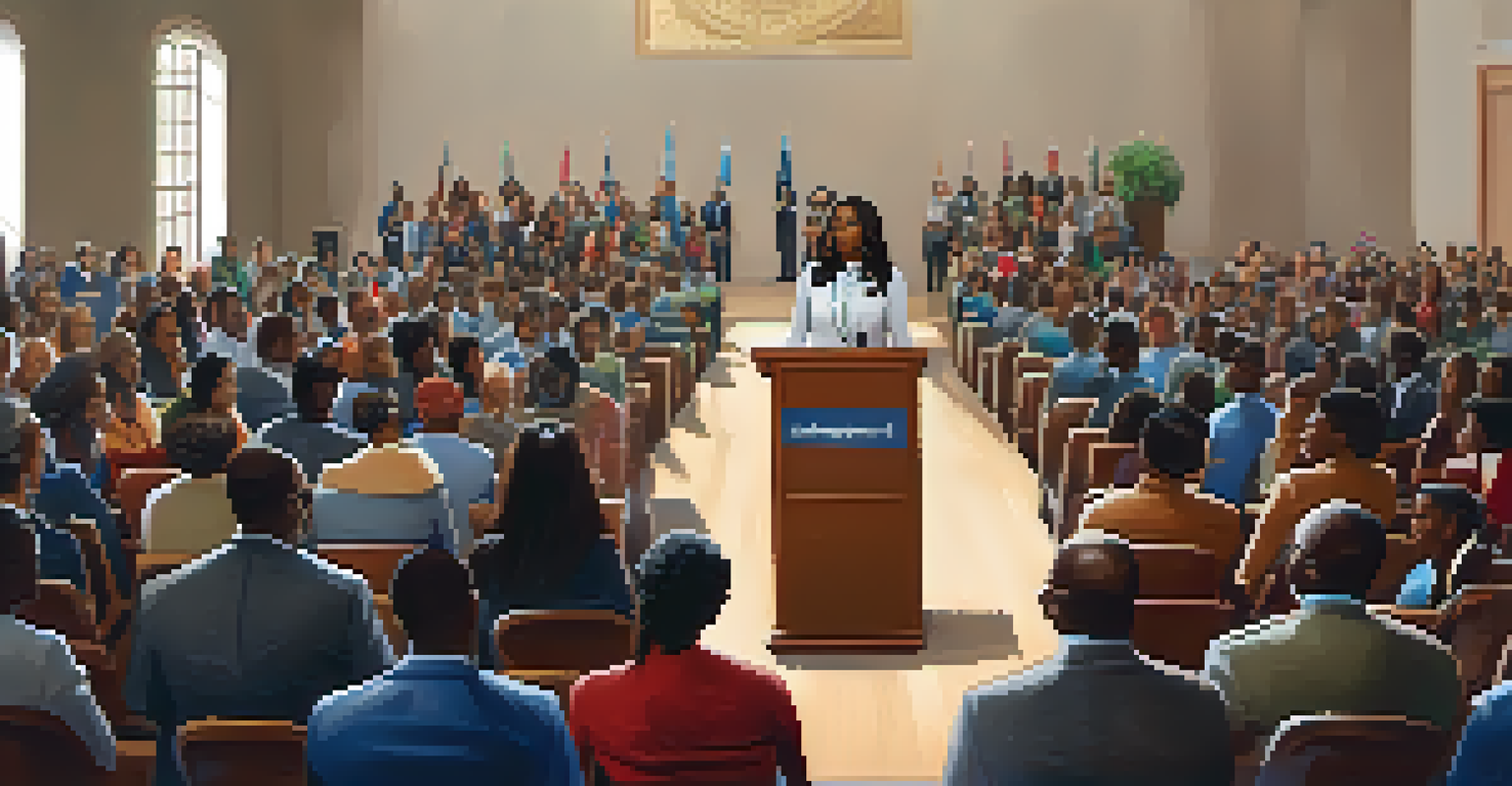 A female leader of color speaking to a diverse audience in a well-lit conference hall, promoting diversity and inclusion.