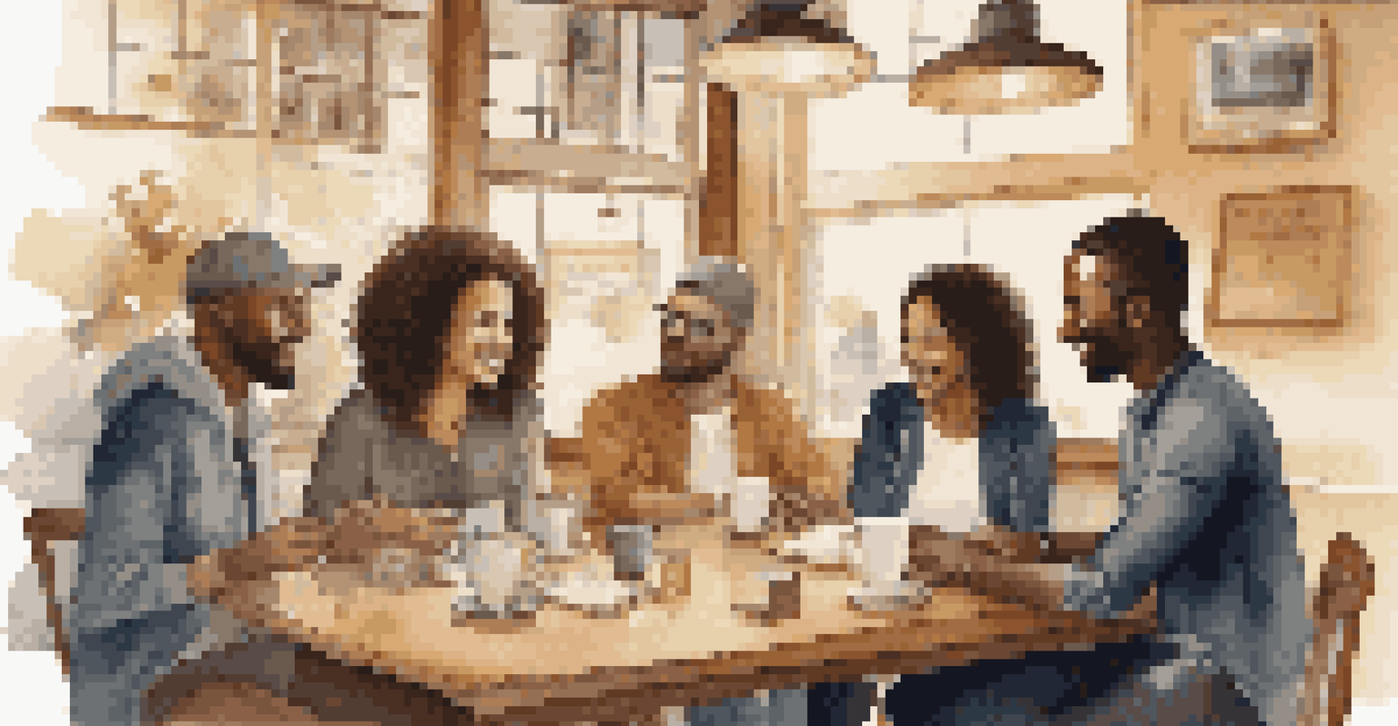 A diverse group of people discussing around a table in a coffee shop, with notebooks and coffee cups.
