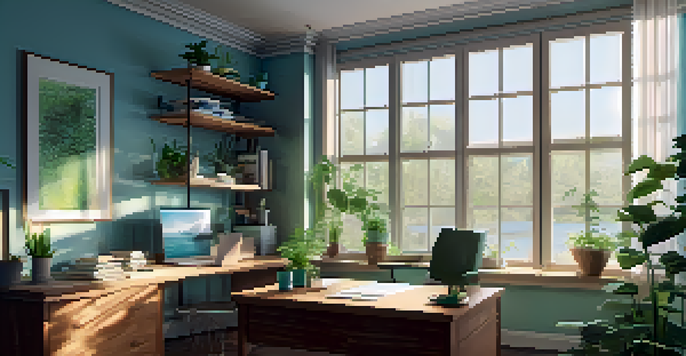 A bright and calming office space filled with natural light, plants, and a laptop on a desk, conveying a serene work environment.