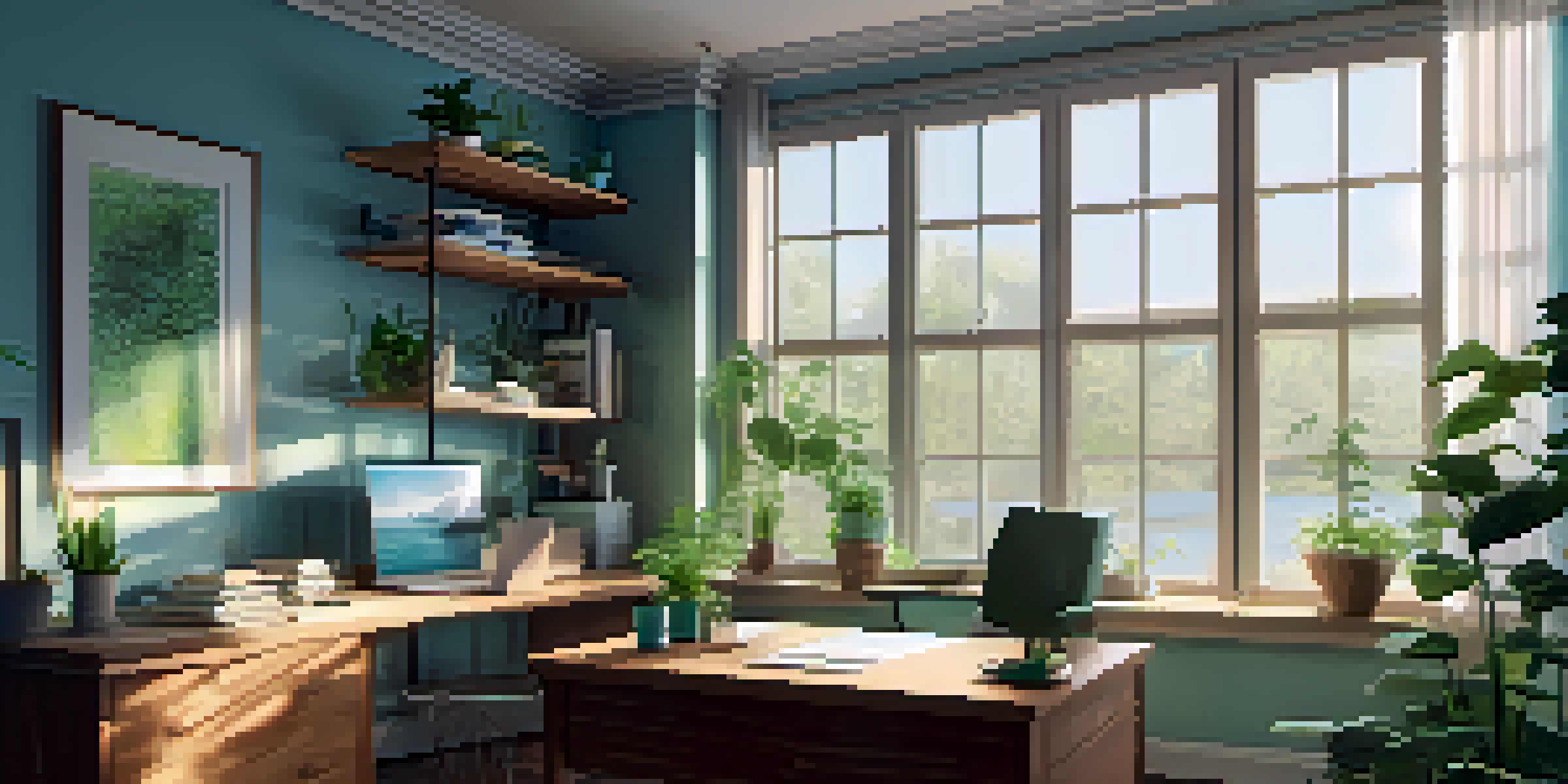 A bright and calming office space filled with natural light, plants, and a laptop on a desk, conveying a serene work environment.