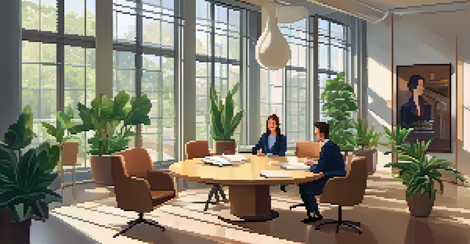 A bright and welcoming office meeting room set up for an interview with two glasses of water and a notepad on the table.