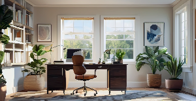 A modern home office with a desk, laptop, plants, and natural light coming in from a window.