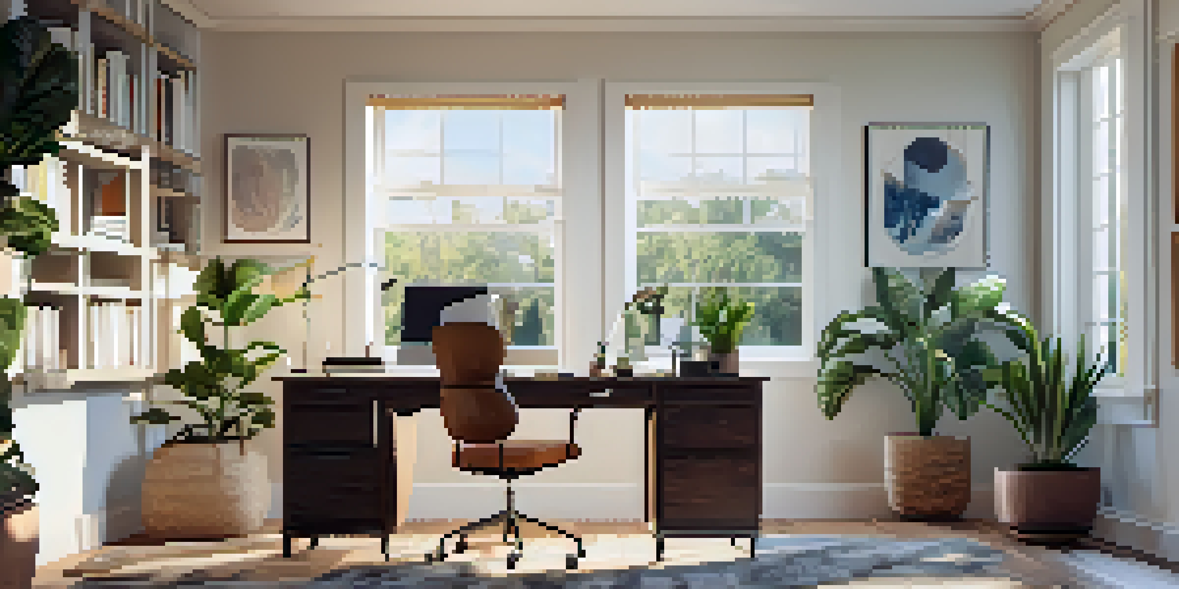 A modern home office with a desk, laptop, plants, and natural light coming in from a window.