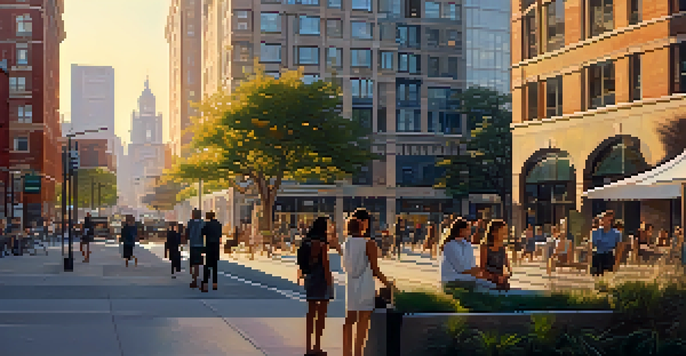A vibrant city at sunset with diverse people interacting in the foreground, surrounded by traditional and modern buildings.