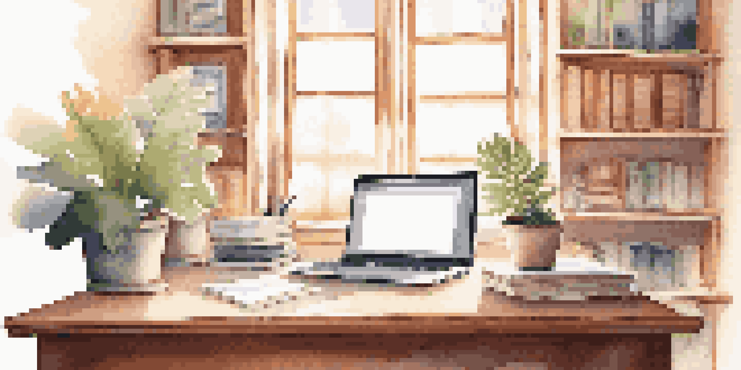 A peaceful workspace with a laptop displaying a personal brand statement document, a bookshelf, and a potted plant, illuminated by warm sunlight.