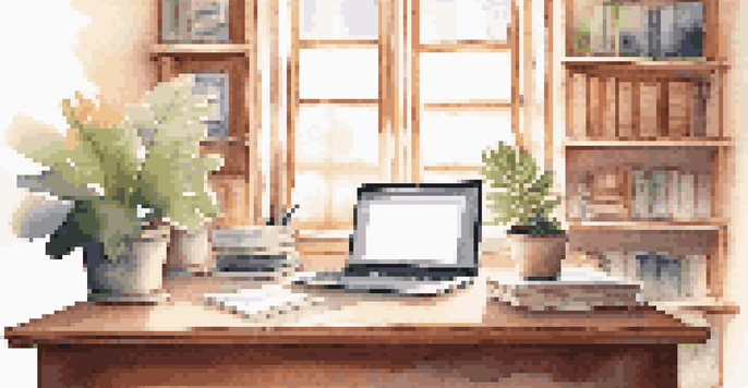 A peaceful workspace with a laptop displaying a personal brand statement document, a bookshelf, and a potted plant, illuminated by warm sunlight.