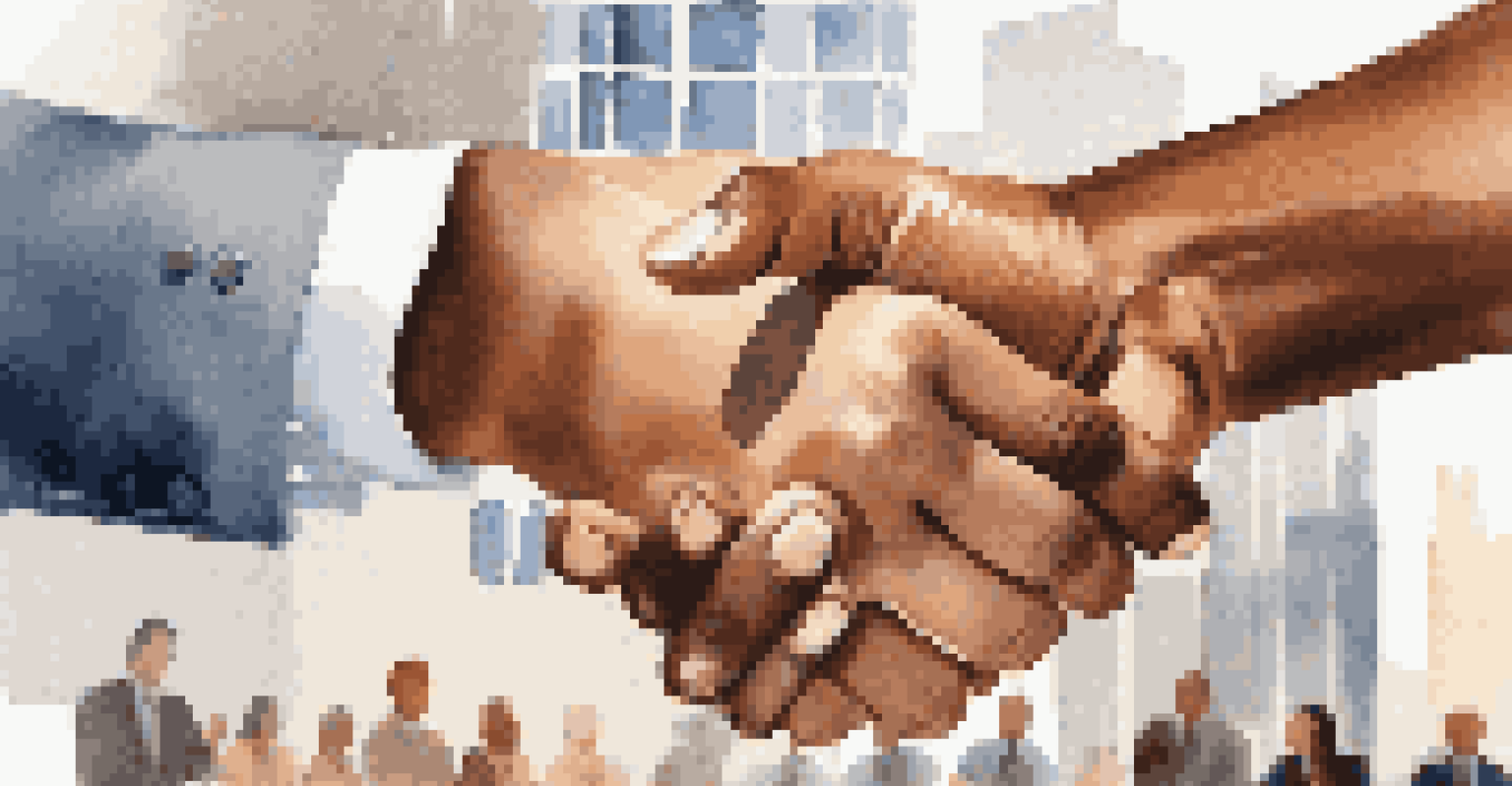 A close-up of two hands shaking in agreement, representing a successful negotiation in an office setting.