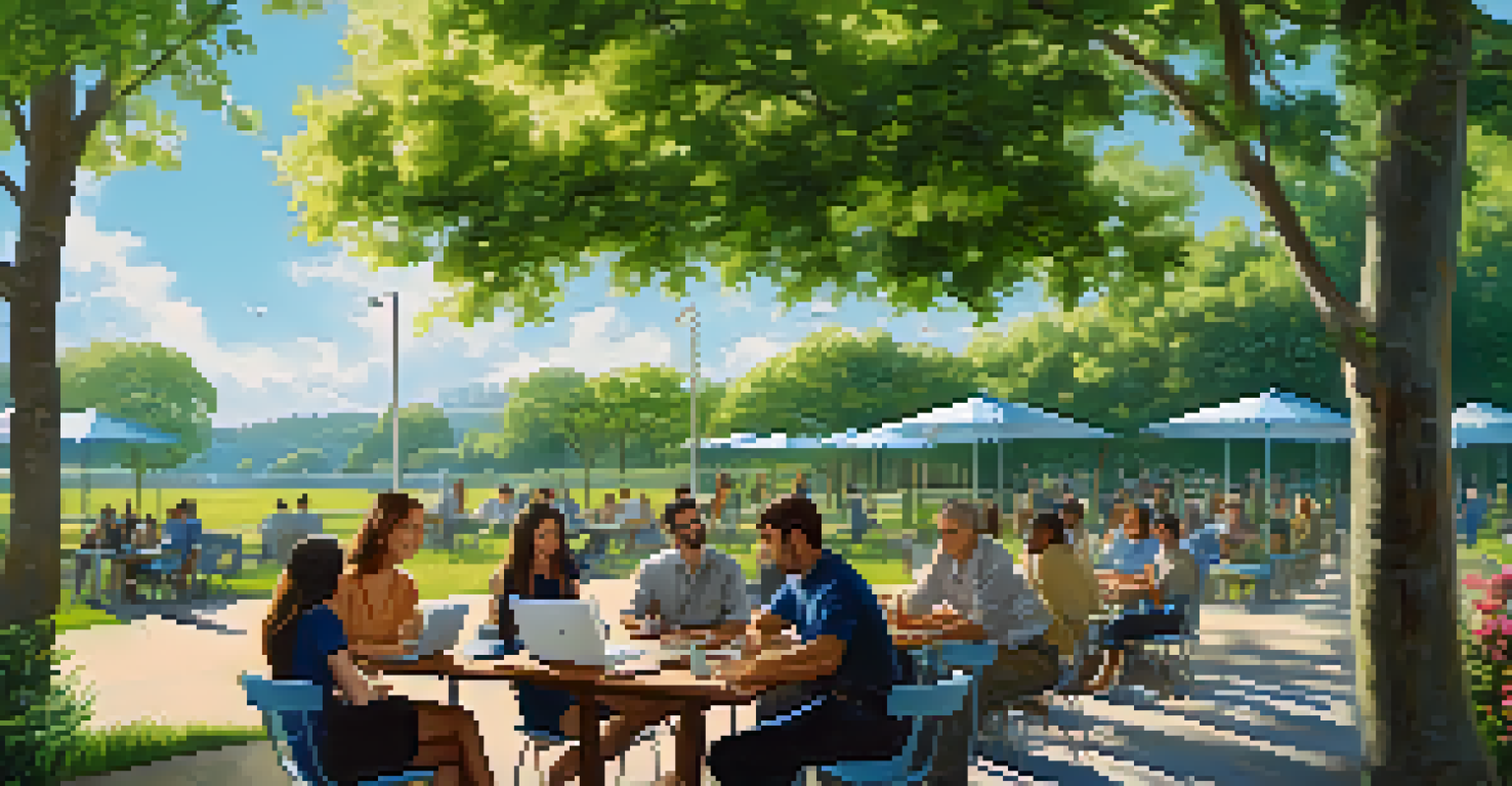 Employees working in an outdoor workspace at picnic tables surrounded by greenery and a blue sky.